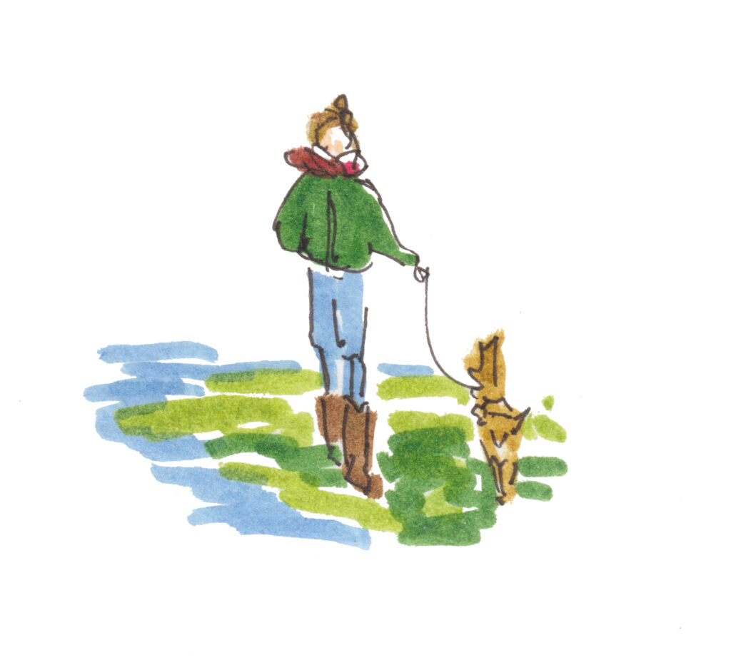 Zelfportret Rosa Helldorfer met hond Lara wandelend door de uiterwaarden